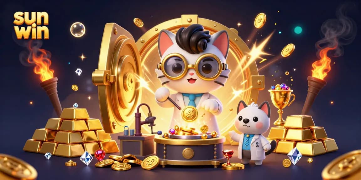 Experience the thrill of gaming with sun win as the mad scientist and loyal dog create gold in this vibrant casino illustration.