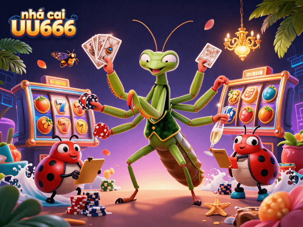 nhà cái UU666's exciting slot scene featuring a giant praying mantis and a ladybug boss in a vibrant casino