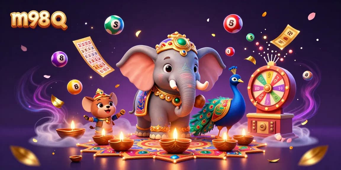 Experience m98 q with a lively scene of Diwali-themed casino fortune and playful lottery elements.