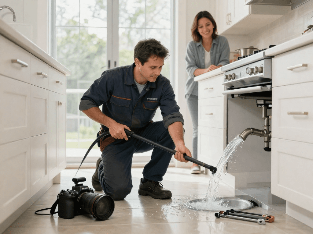 Drain cleaning Fort Worth service in action with a professional plumber using tools in a modern kitchen.
