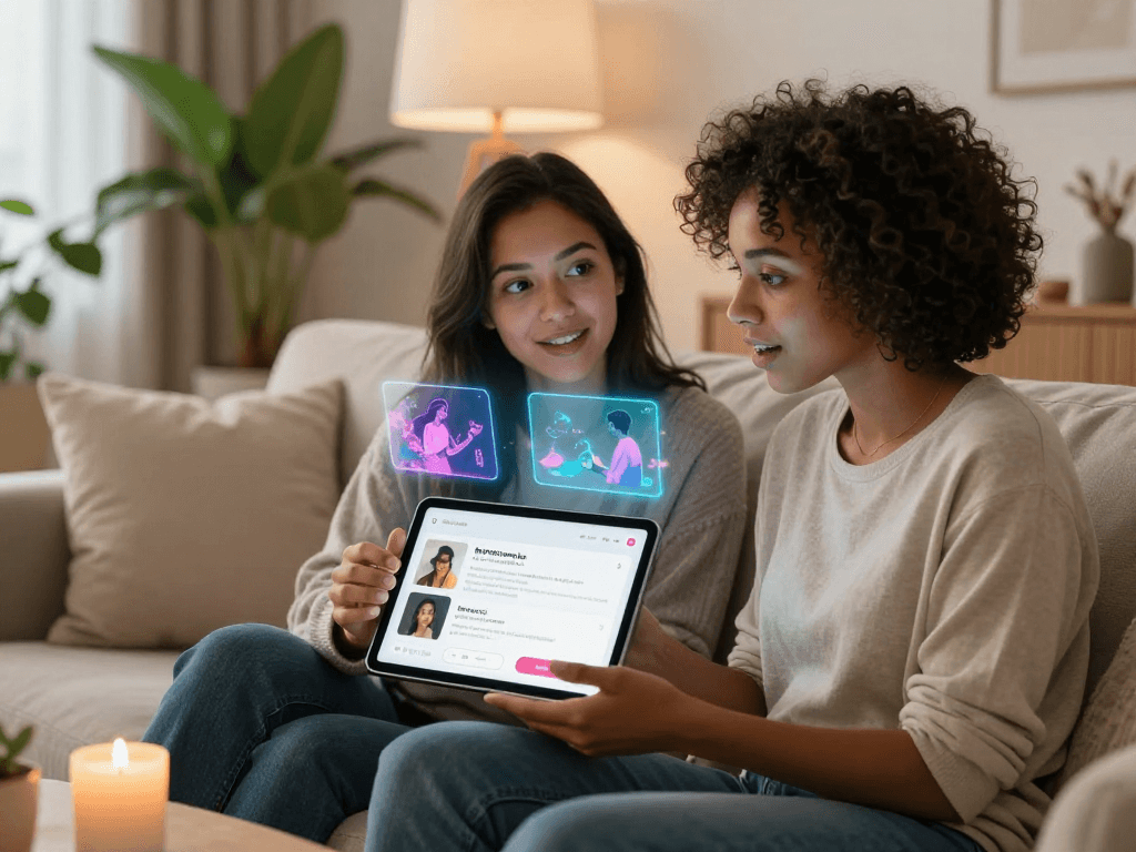 Couple exploring a sex ai app together, showcasing technology and intimacy in a cozy environment.