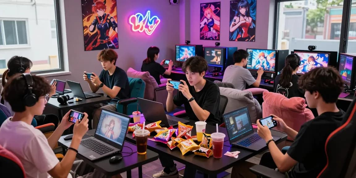 Group enjoying a lively session playing hentai games in a modern gaming lounge.