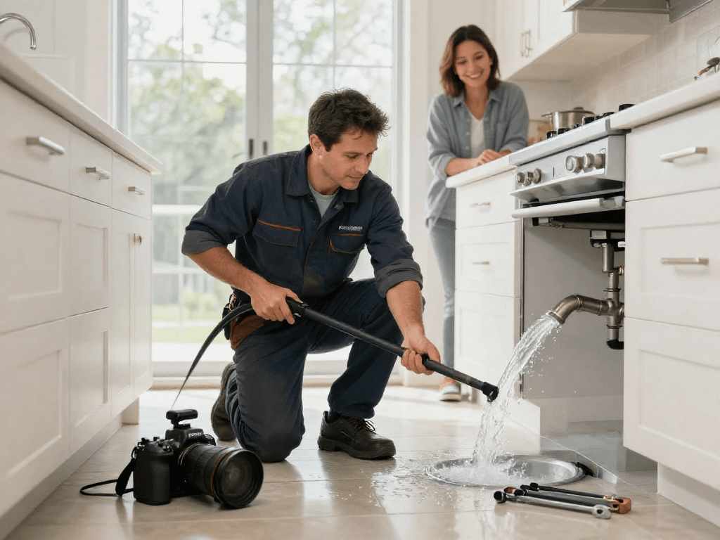 Drain cleaning Fort Worth service in action with a professional plumber using tools in a modern kitchen.