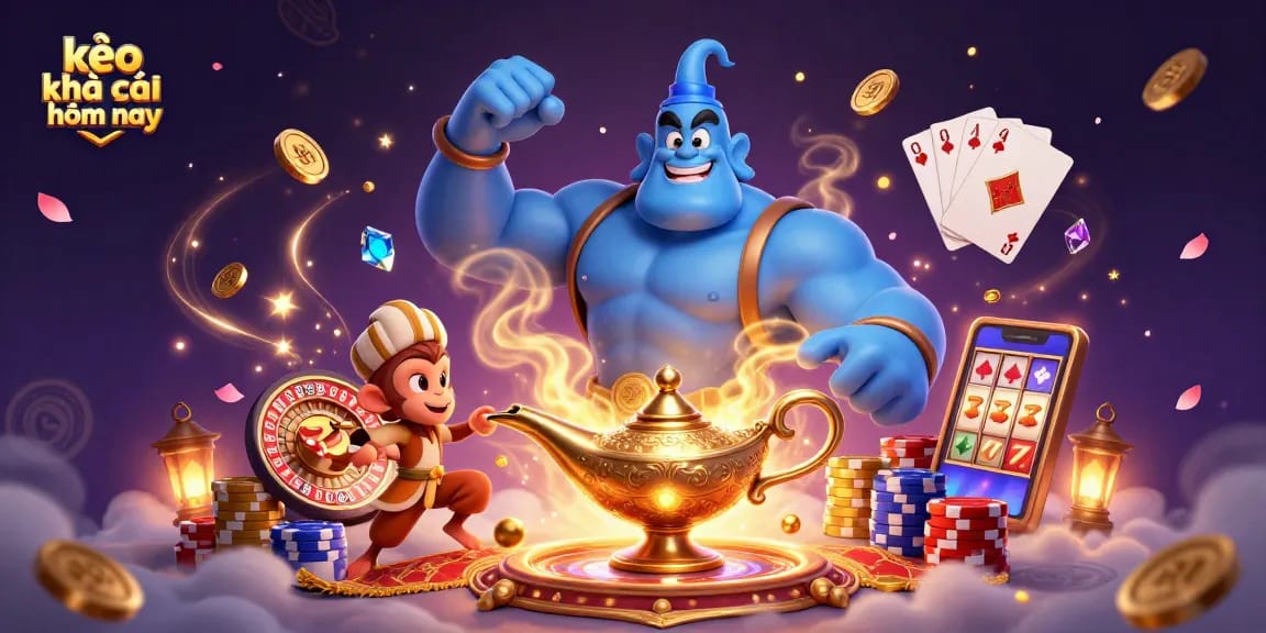 Experience the magic of kèo nhà cái hôm nay with a dynamic scene featuring a genie, poker chips, and exciting casino elements.