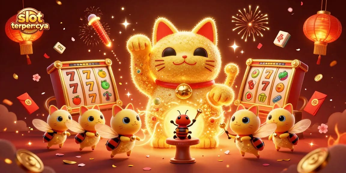 Experience the excitement of slot terpercaya with a giant lucky cat surrounded by vibrant casino symbols.