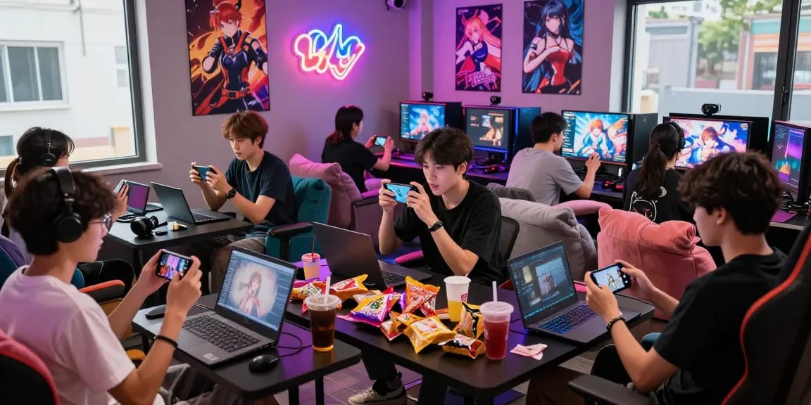 Group enjoying a lively session playing hentai games in a modern gaming lounge.