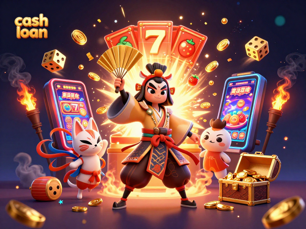 Experience the thrill of cash loan gaming with vibrant slot machines and dynamic casino characters.