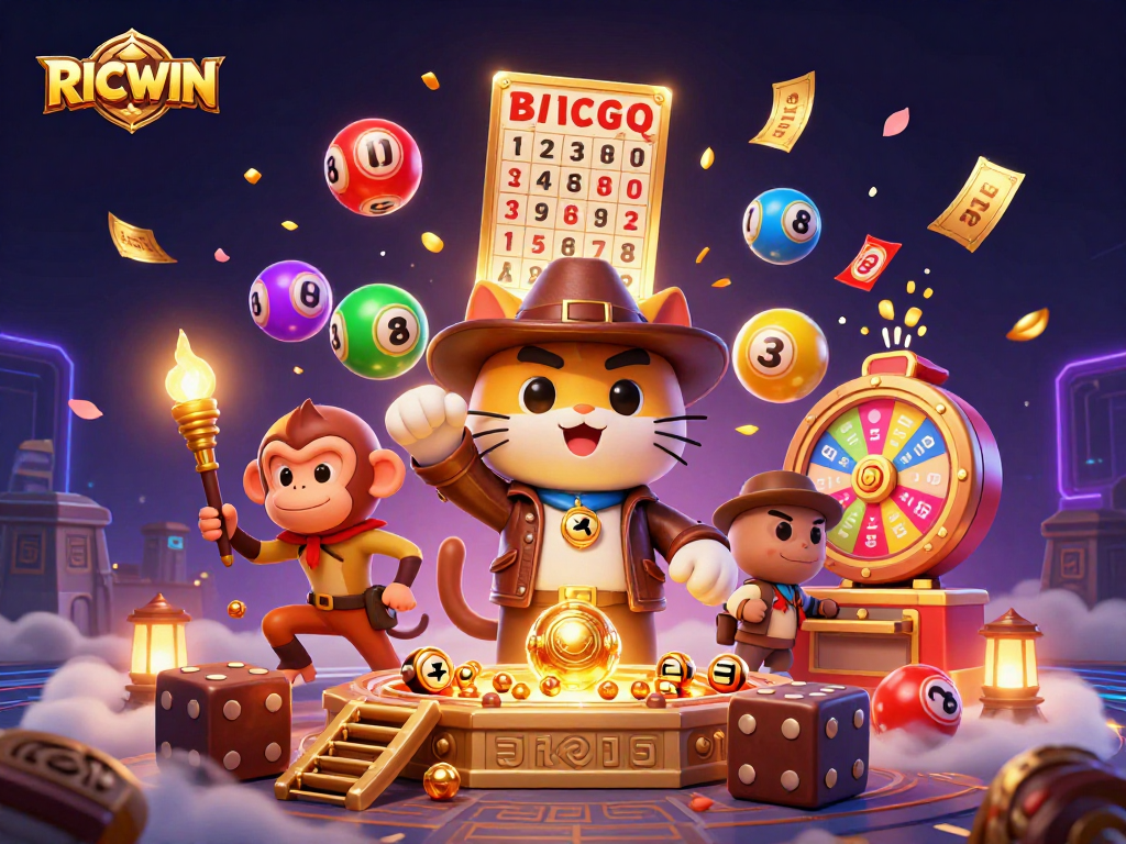 Explore the thrill of RICWIN with a dynamic illustration featuring casino treasures and adventures.
