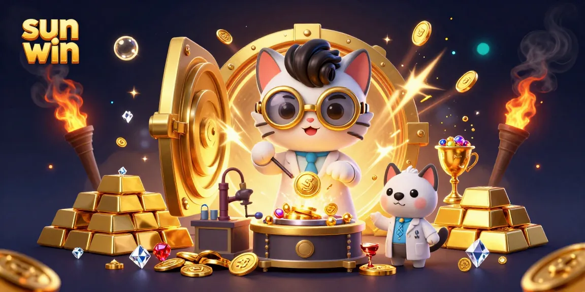 Experience the thrill of gaming with sun win as the mad scientist and loyal dog create gold in this vibrant casino illustration.