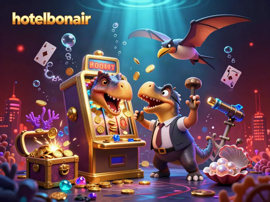 hotelbonair casino scene with a dinosaur jackpot at a golden slot machine, vibrant underwater elements