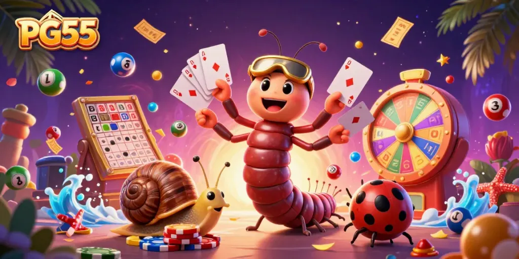 Engage with PG55 as a cartoon dealer showcases countless cards amidst vibrant lottery elements