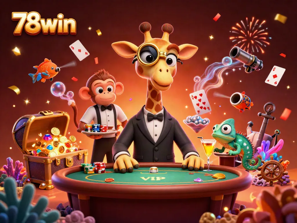 Experience thrilling moments at 78win with a vibrant illustration of a high-roller giraffe and playful characters at a casino.