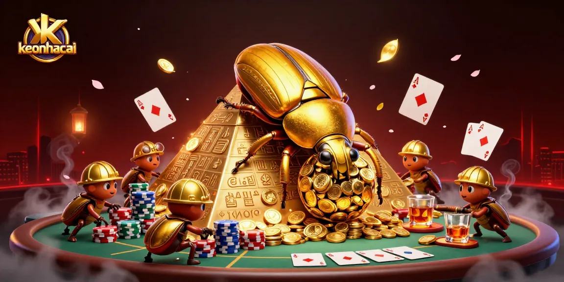 Experience keonhacai with golden beetles rolling coins in a lively casino scene.