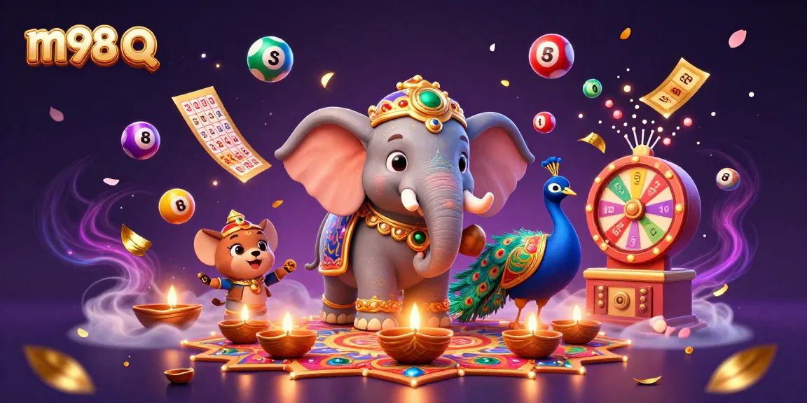 Experience m98 q with a lively scene of Diwali-themed casino fortune and playful lottery elements.