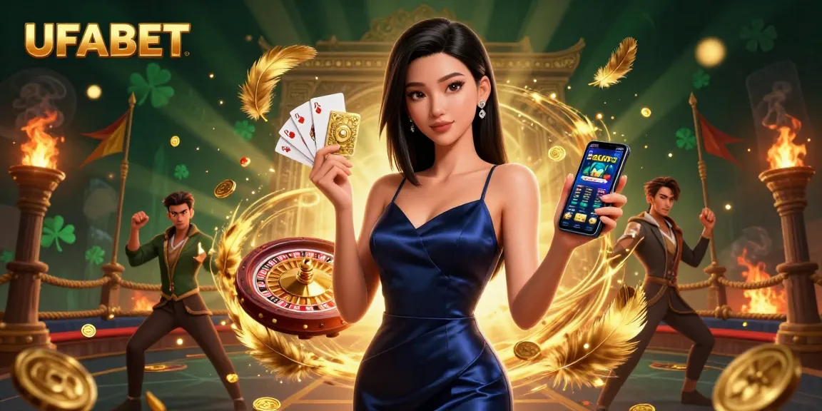 Experience thrilling gameplay at UFABET with a stunning Asian woman holding a casino app and golden chip.