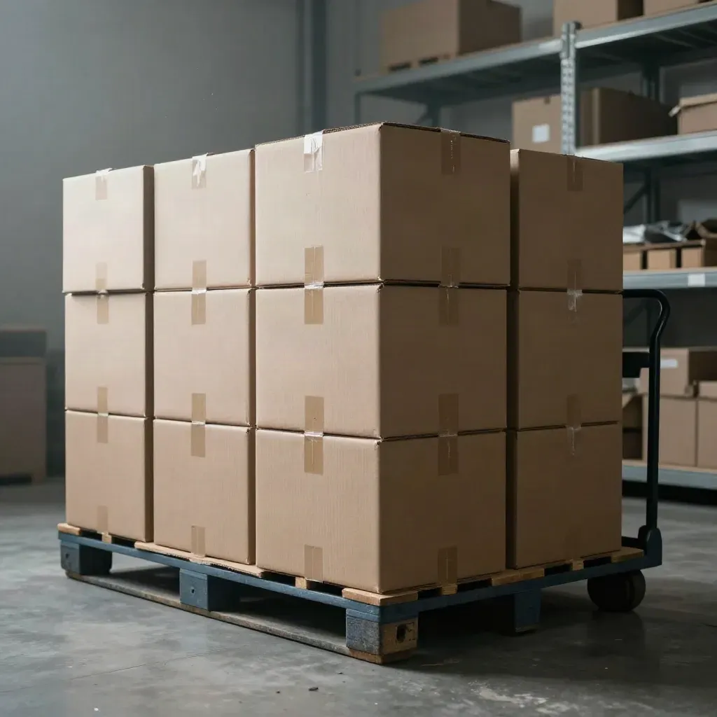 Archive boxes on a pallet beside shelving and a trolley in a warehouse