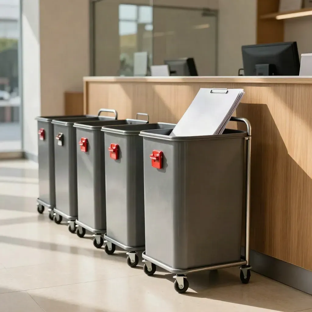 Locked shredding bins, route caddy and compliance folder in a bright office lobby, ready for collection.