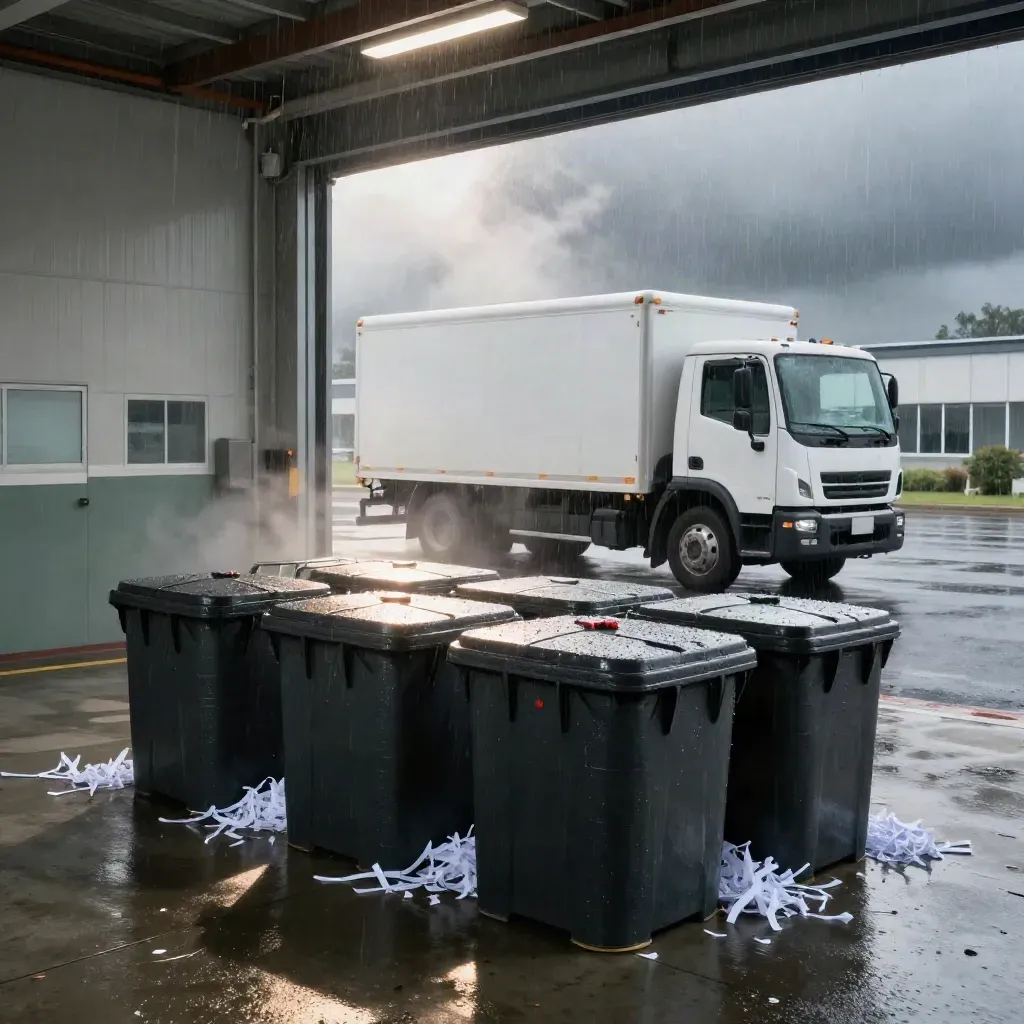 Locked bins and a shred truck on a wet loading bay in drizzle
