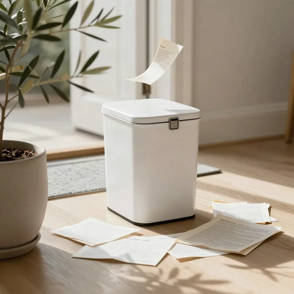 White home shred bin by the hall with papers and a plant, paper strips mid-fall in soft morning light.