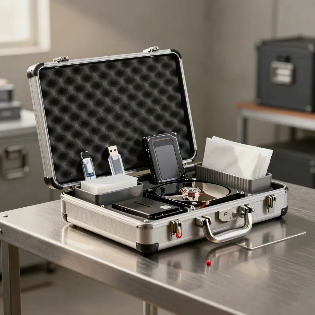Open anti-static case with wiped drives, SSDs and tapes on a brushed metal bench in soft haze.