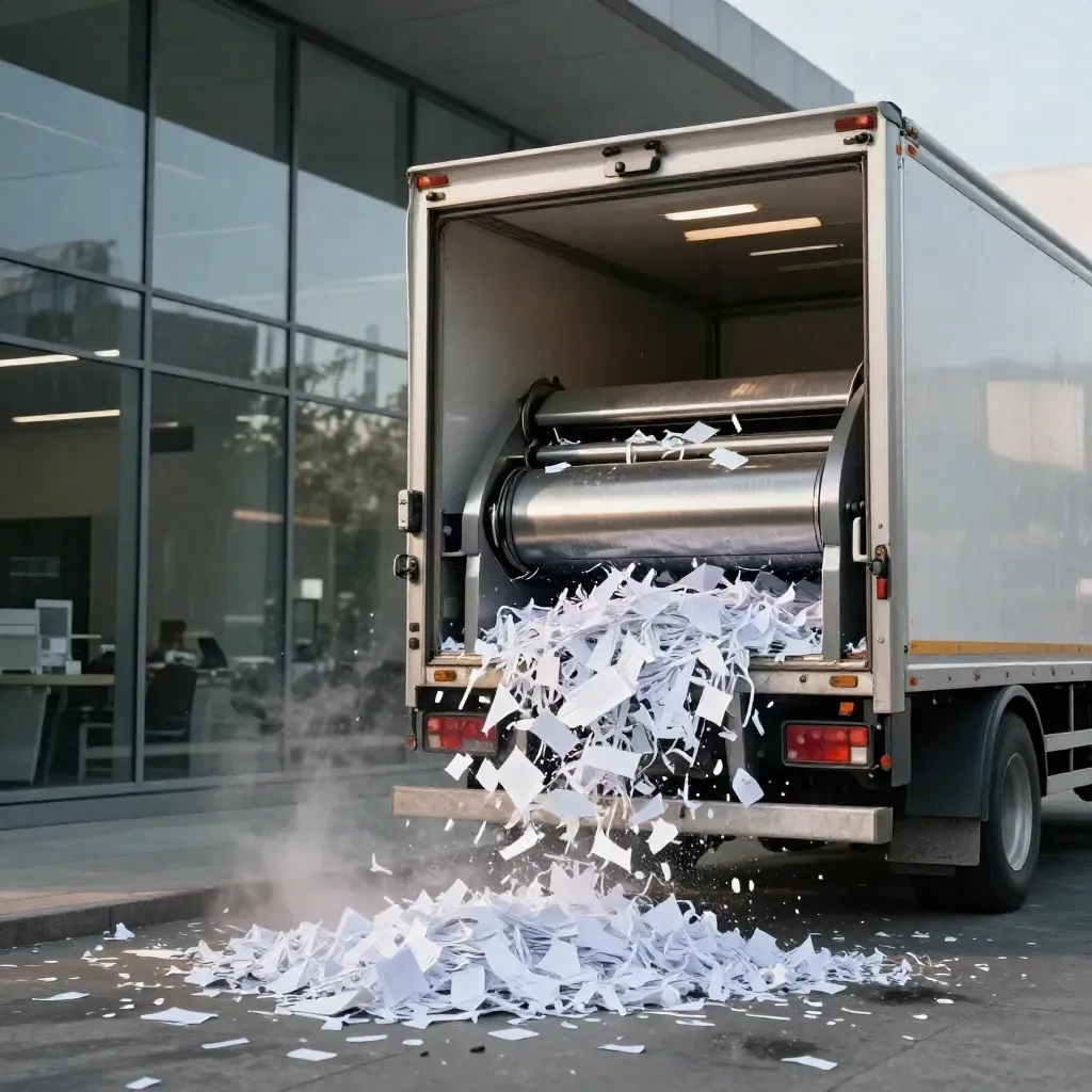 Open shred truck spilling paper strips beside a glass office forecourt.