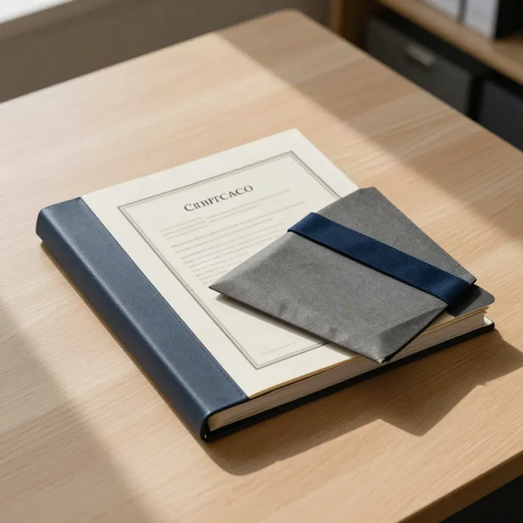 Closed binder, folders and sealed pouch on a pale oak office desk in soft daylight.