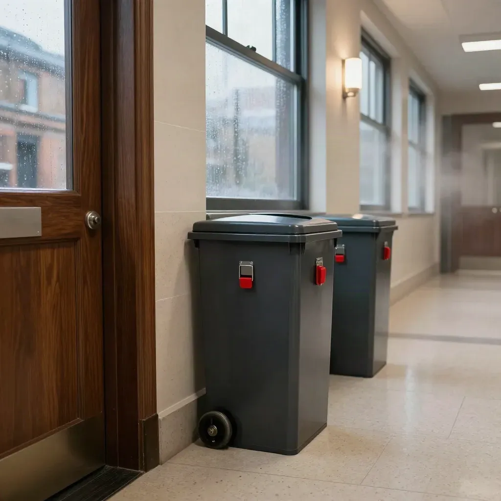 Locked shredding bins in a rainy London office corridor by the side exit