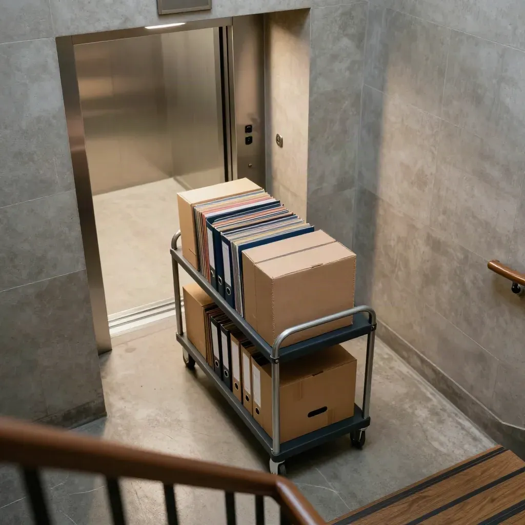 Overhead view of a file trolley turning toward a lift in a Manchester records corridor.