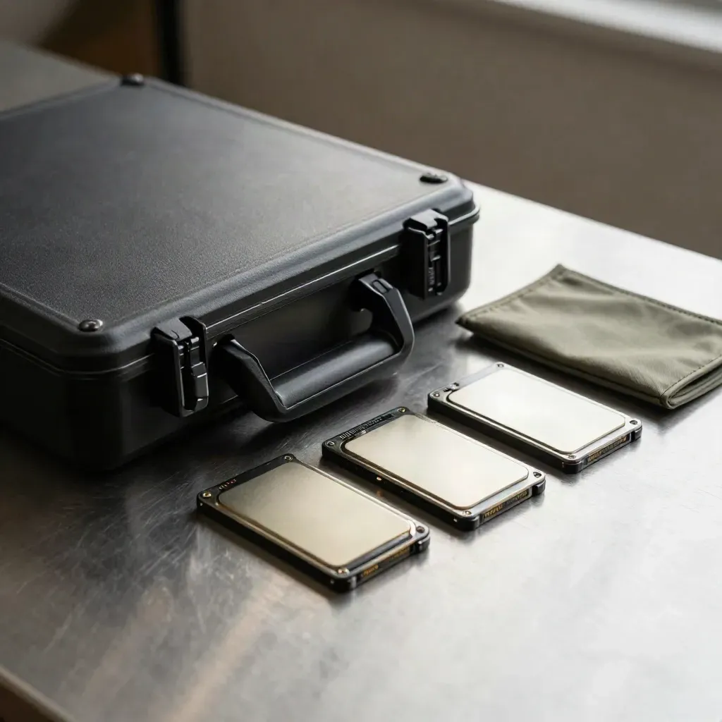 Anti-static case and wiped SSDs on a brushed steel worktop with sterile haze.