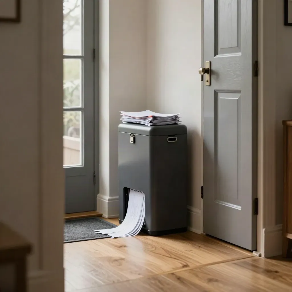 Locked shred bin by a front door with paper strips and folded household papers in window glow.