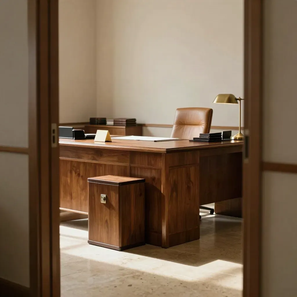 Law-office desks, locked shred bin, face-down memo pad, and afternoon light in a doorway view.