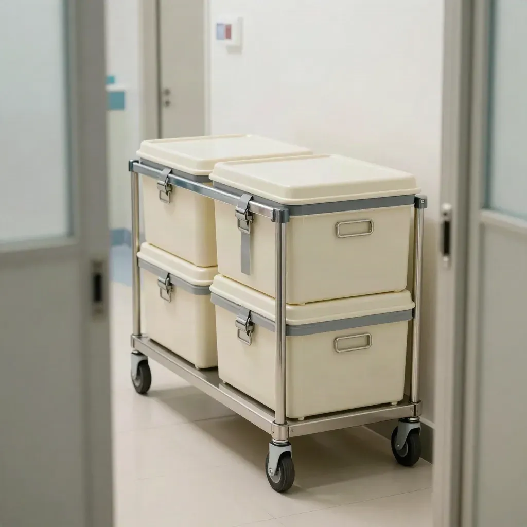 Sealed file crates on a stainless trolley in a pale clinic corridor, cool and discreet.