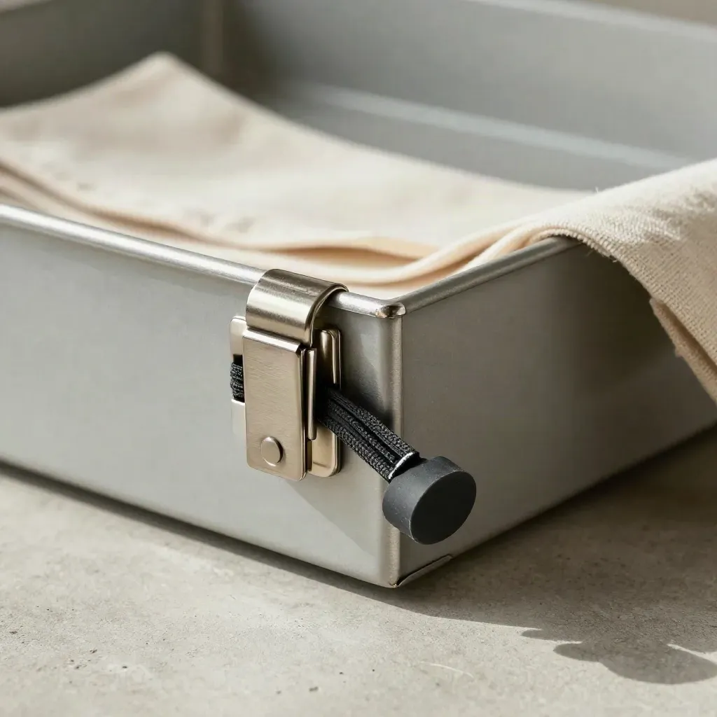 Secure bin latch clipped shut with charcoal tamper seal on concrete, with linen cloth and file tray.