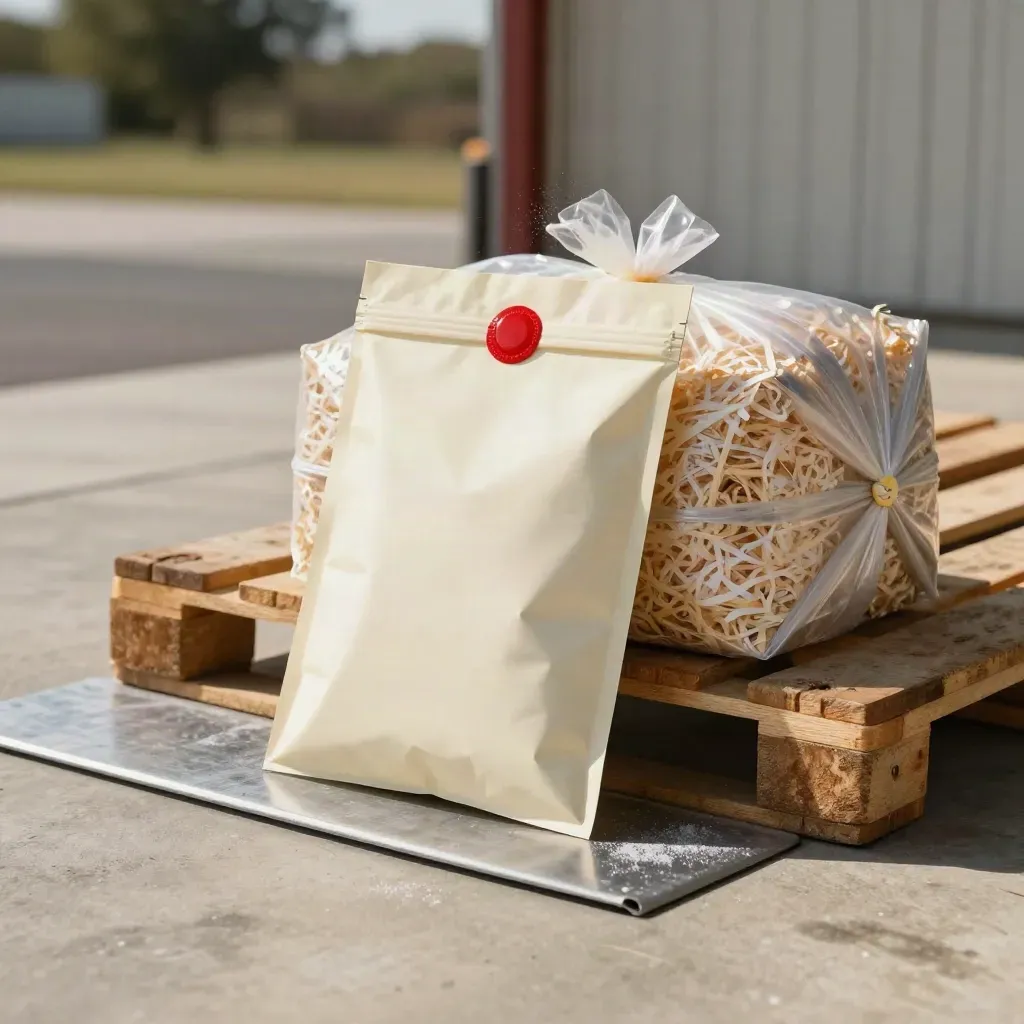 Sealed certificate pouch beside a shredded-paper bale on a sunlit loading dock.