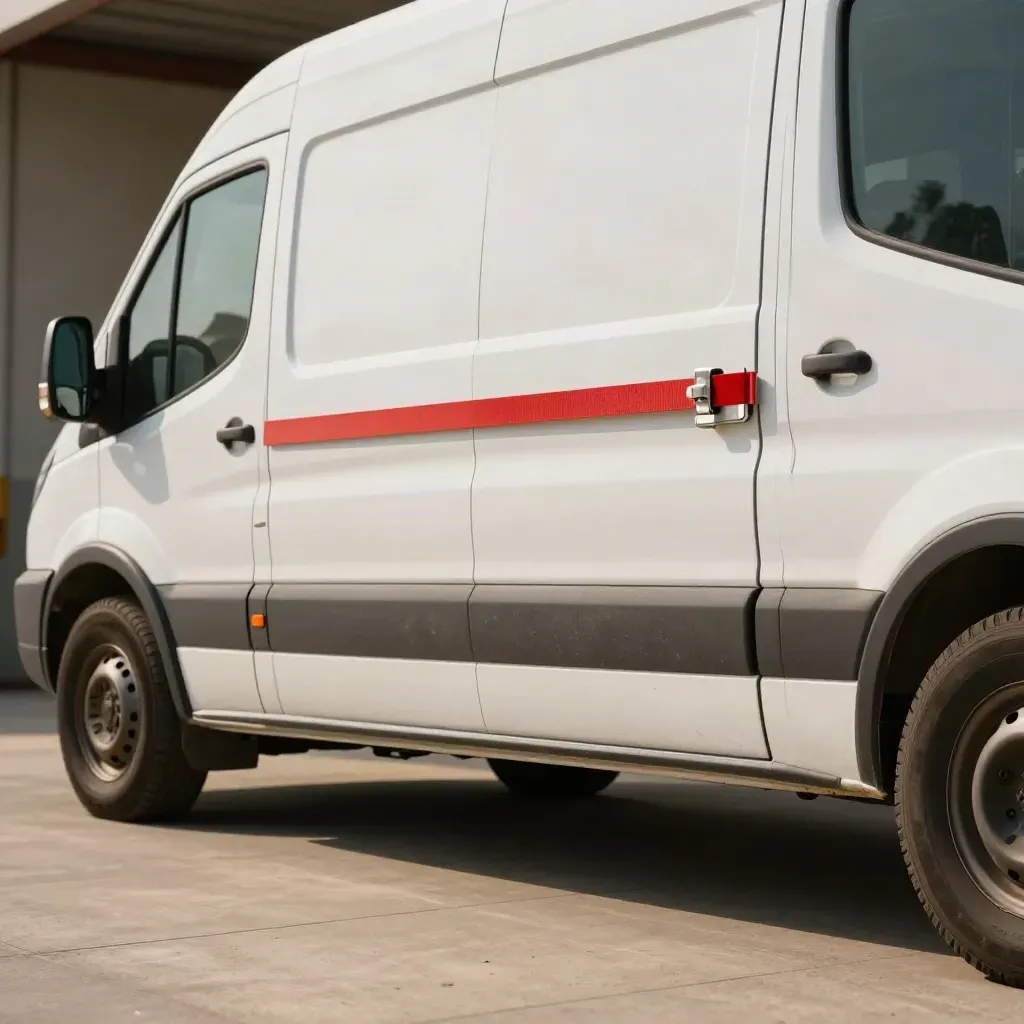 Mobile shredding van shutter latch closed with red safety band in a clean industrial bay.