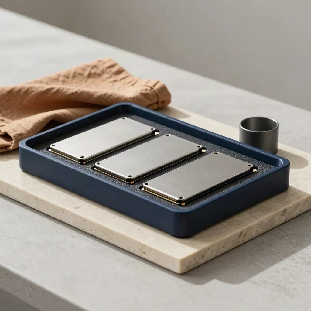 Wiped SSDs and a drive caddy arranged in an anti-static foam tray on stone.