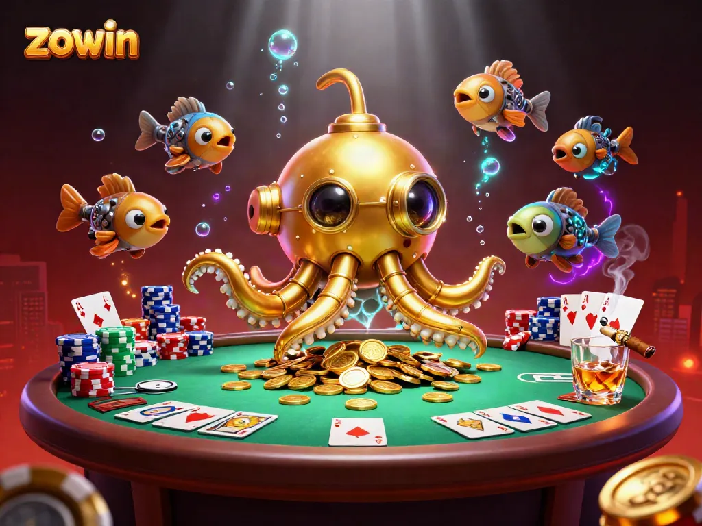 Experience the thrill of zowin in a vibrant underwater casino scene filled with poker elements.