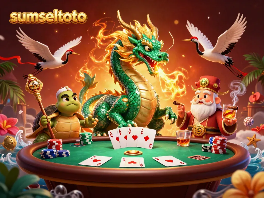Experience the thrill of sumseltoto with a vibrant 3D scene featuring a jade dragon and lucky symbols.