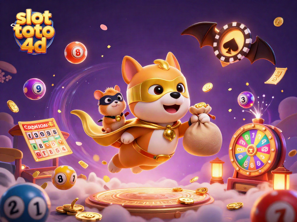 Experience the excitement of slot toto 4d with our vibrant casino-themed illustration featuring a flying superhero dog.