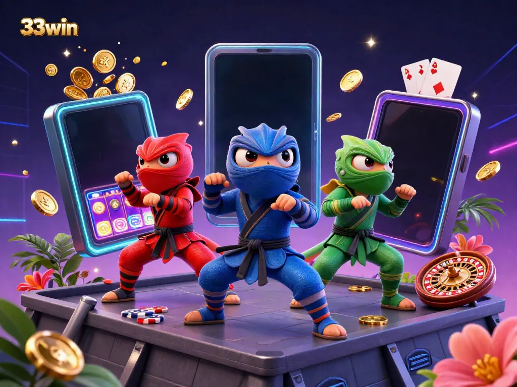 Experience the excitement of 33win with ninja chameleons showcasing a vibrant casino atmosphere.