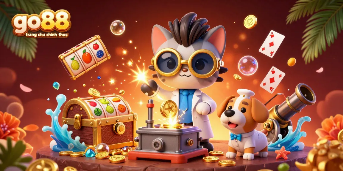 Experience the thrill of go88 trang chu chinh thuc with this vibrant casino-themed illustration featuring slot machines and gold coins.