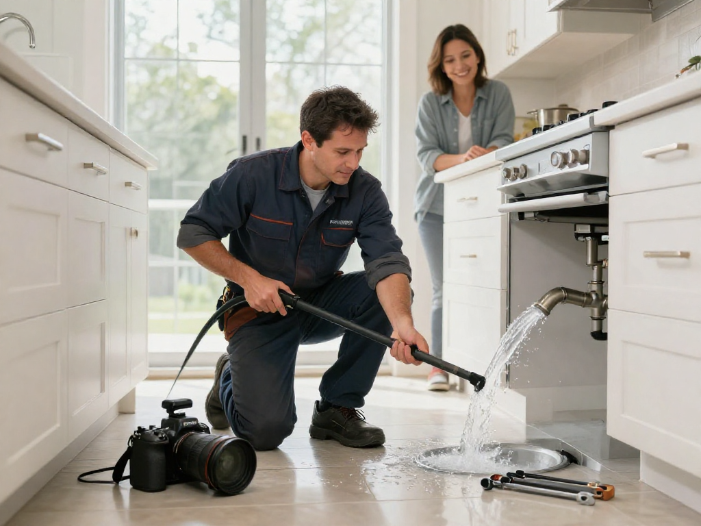 Drain cleaning Fort Worth service in action with a professional plumber using tools in a modern kitchen.