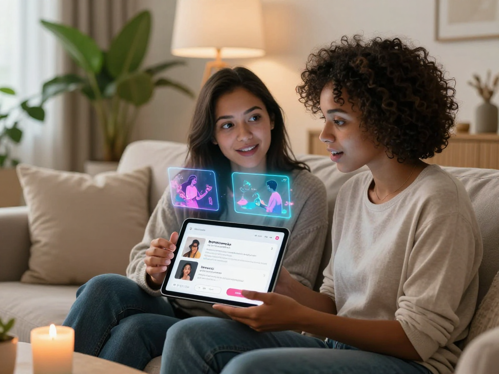 Couple exploring a sex ai app together, showcasing technology and intimacy in a cozy environment.