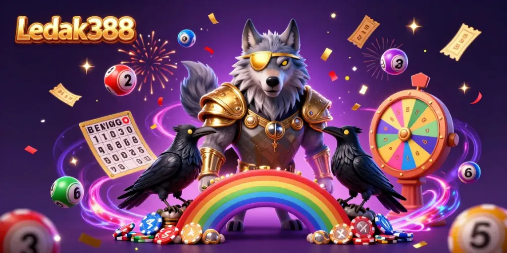 Engage with Ledak388's vibrant gaming scene featuring Norse mythology characters amidst casino elements.