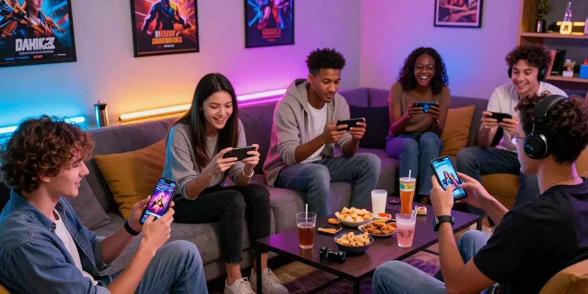 Engaged players enjoying popular mobile porn games in a vibrant gaming lounge setting.