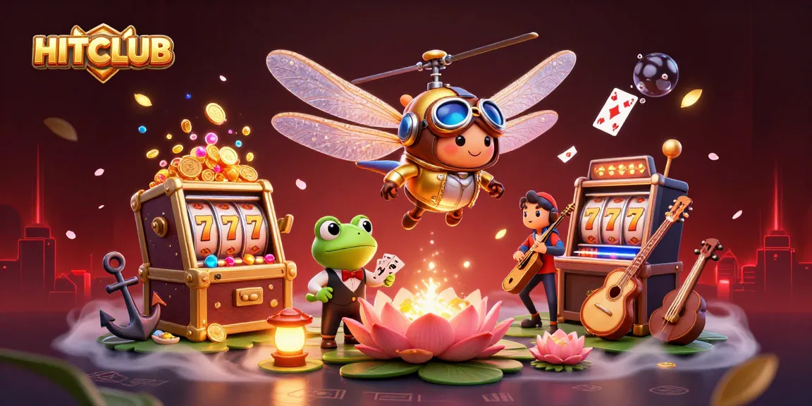 HITCLUB showcases a cartoon pilot and frog dealer in a vibrant casino scene with exciting gambling elements.