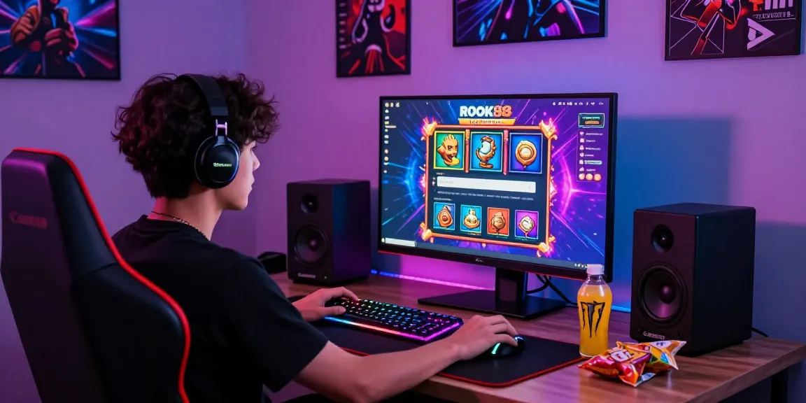 Exciting rokok88 slot login interface showcased in a vibrant gaming setup with colorful RGB lighting.