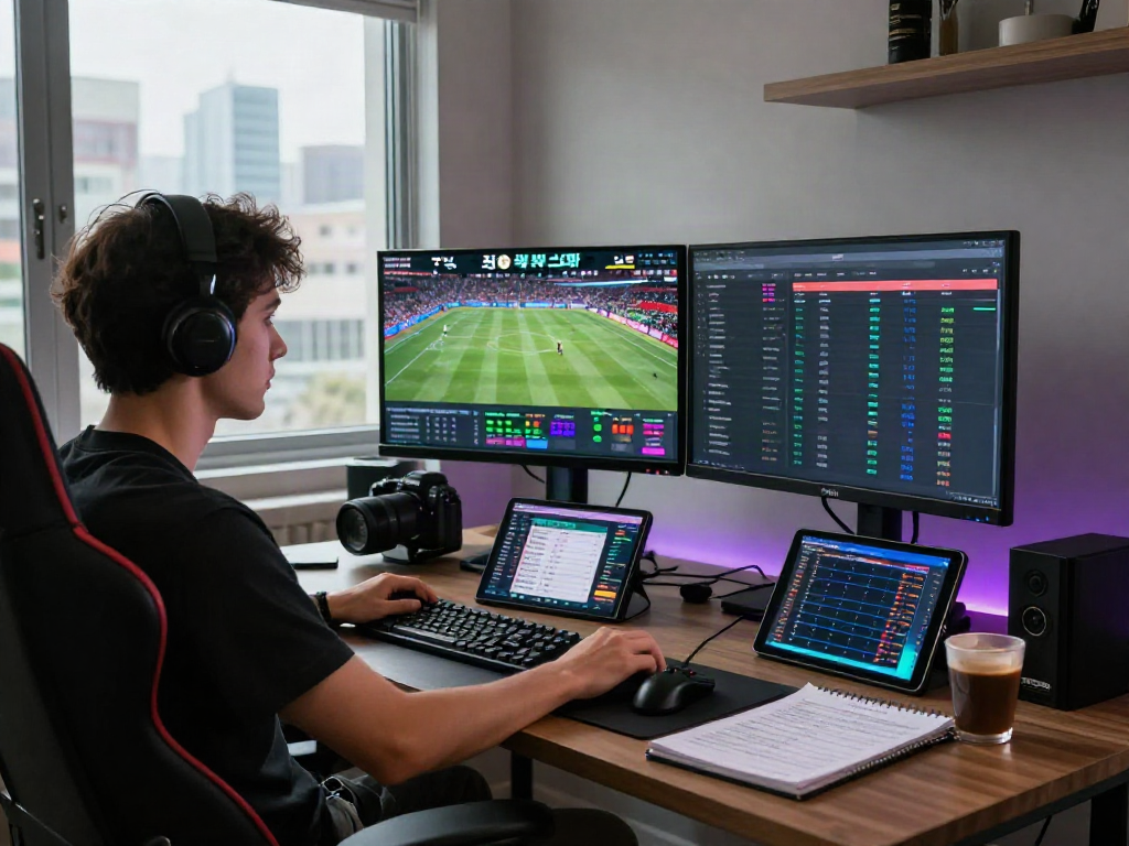 Engaging workspace scene for 토토사이트 검증 먹튀스팟 with gaming setup and betting analytics.