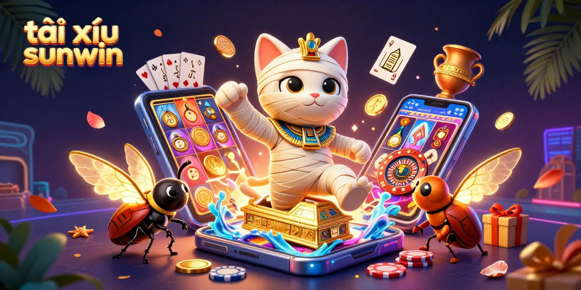 Tài xỉu sunwin transports players into an exciting casino scene with a mummy cat and vibrant gaming elements.