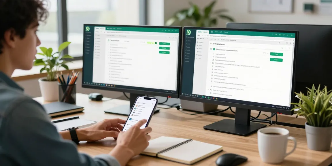 User interacting with WhatsApp網頁版 on laptop in a modern office environment.